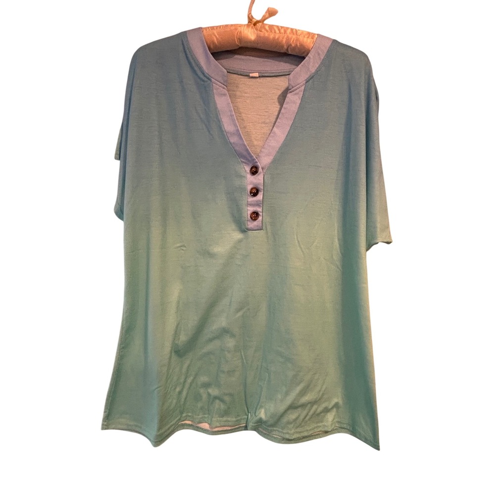 SHEIN Set of 2 Short Sleeve Tops Large Blue Ombre and Teal Striped V-Neck